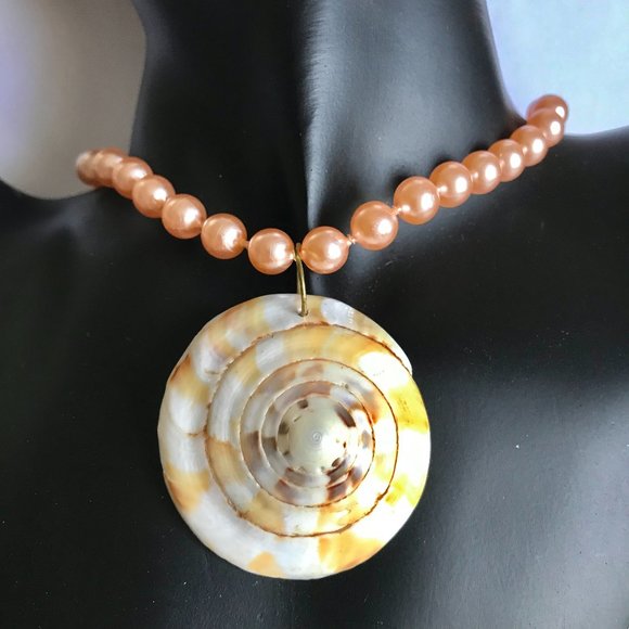 Natural Shell Shiva Nautilus Pearl Necklace Choker Statement VintagePeach 16-18" - Picture 1 of 11